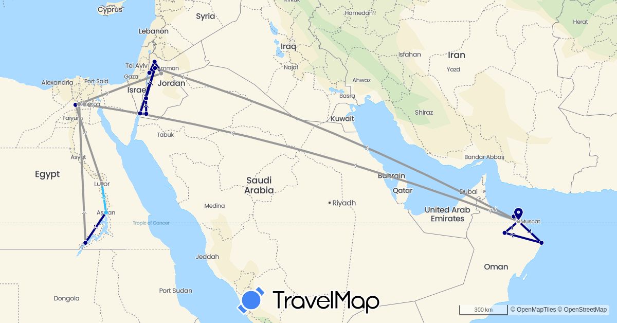 TravelMap itinerary: driving, plane, boat in Egypt, Jordan, Oman (Africa, Asia)